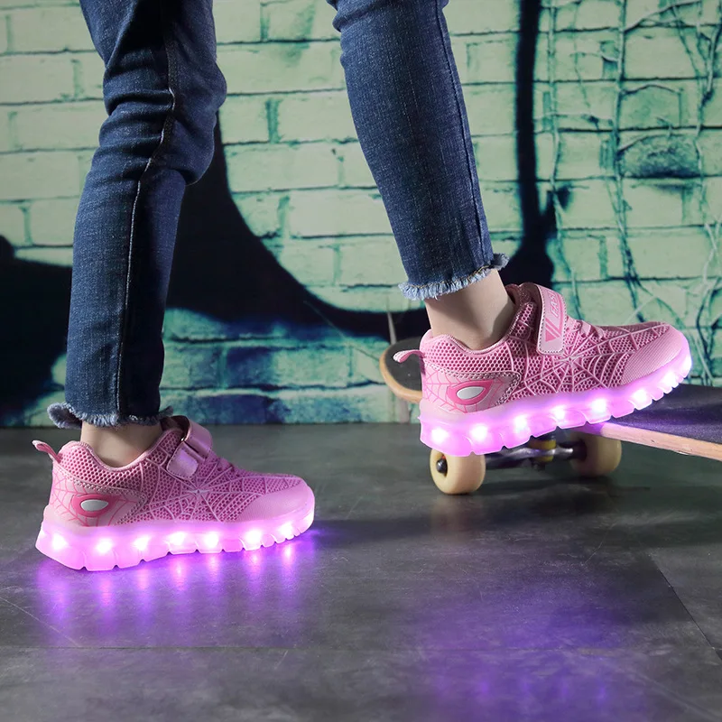 Children Luminous Glowing Sneakers Gold Pink Led Light Roller Skate Shoes New Fashion Kids Girls USB Charging Shoes Boys