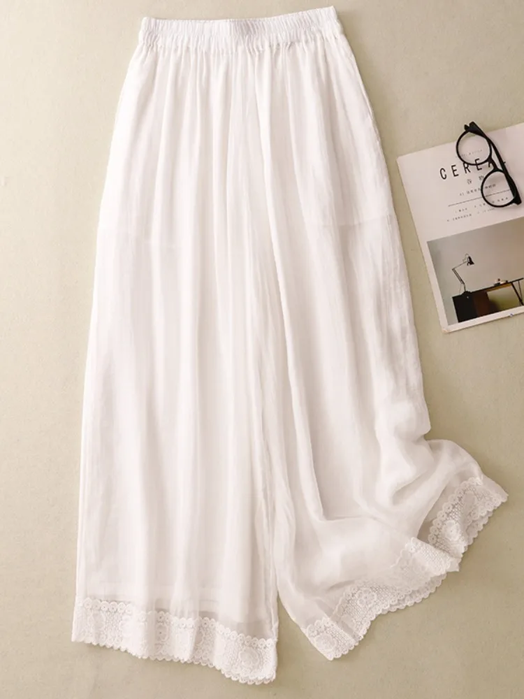Artistic Lace Splicing Hem  Wide Leg Pants Women Summer Thin Drape Slimming Casual Wide Leg Straight Long Trousers