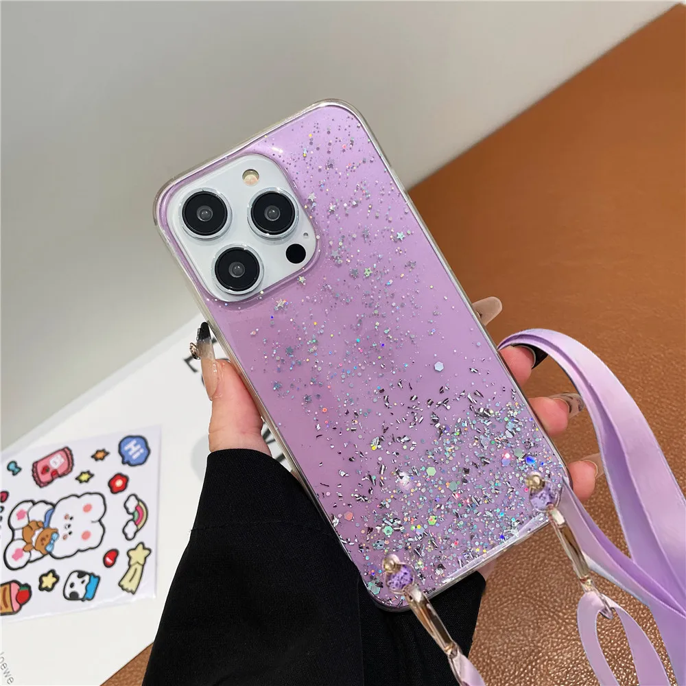 Note 13 4G Crossbody Lanyard Glitter Clear Case For Xiaomi Redmi Note 13 12 Pro Plus 11S 10S 9S 11 9 8 Pro 8T Cord Silicon Cover