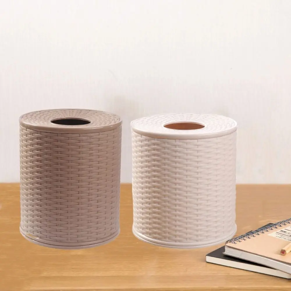 

Beige/Dark Brown Simulation Rattan Tissue Storage Box Round Decorative Plastic Tissue Box Dustproof Paper Roll Holder Bathroom