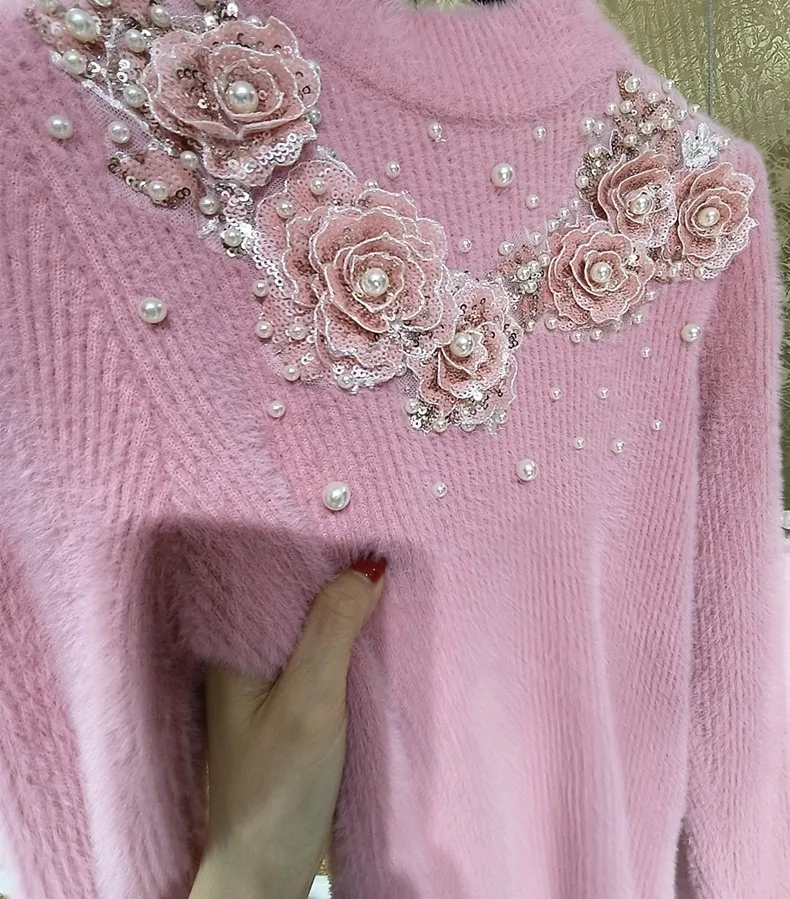 Heavy Industry 3D Florals Pearls Sequins Stitch Pink Mohair Sweater Mock Neck Thickened Faux Fur Beaded Pullovers Knitwear Tops