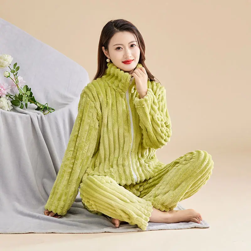 Lazy Wind Zipper  Thickening Warmth Can Be Worn Outside Pajama Women Flannel Fine Fleece Autumn Winter Coral Fleece Loungewear