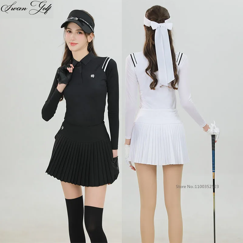 SG Golf Clothing Women Striped Long-sleeved Polo Tops Pleated Skirt Ladies Ice Silk Sunscreen Shirt Slim Sports Tennis Skirts