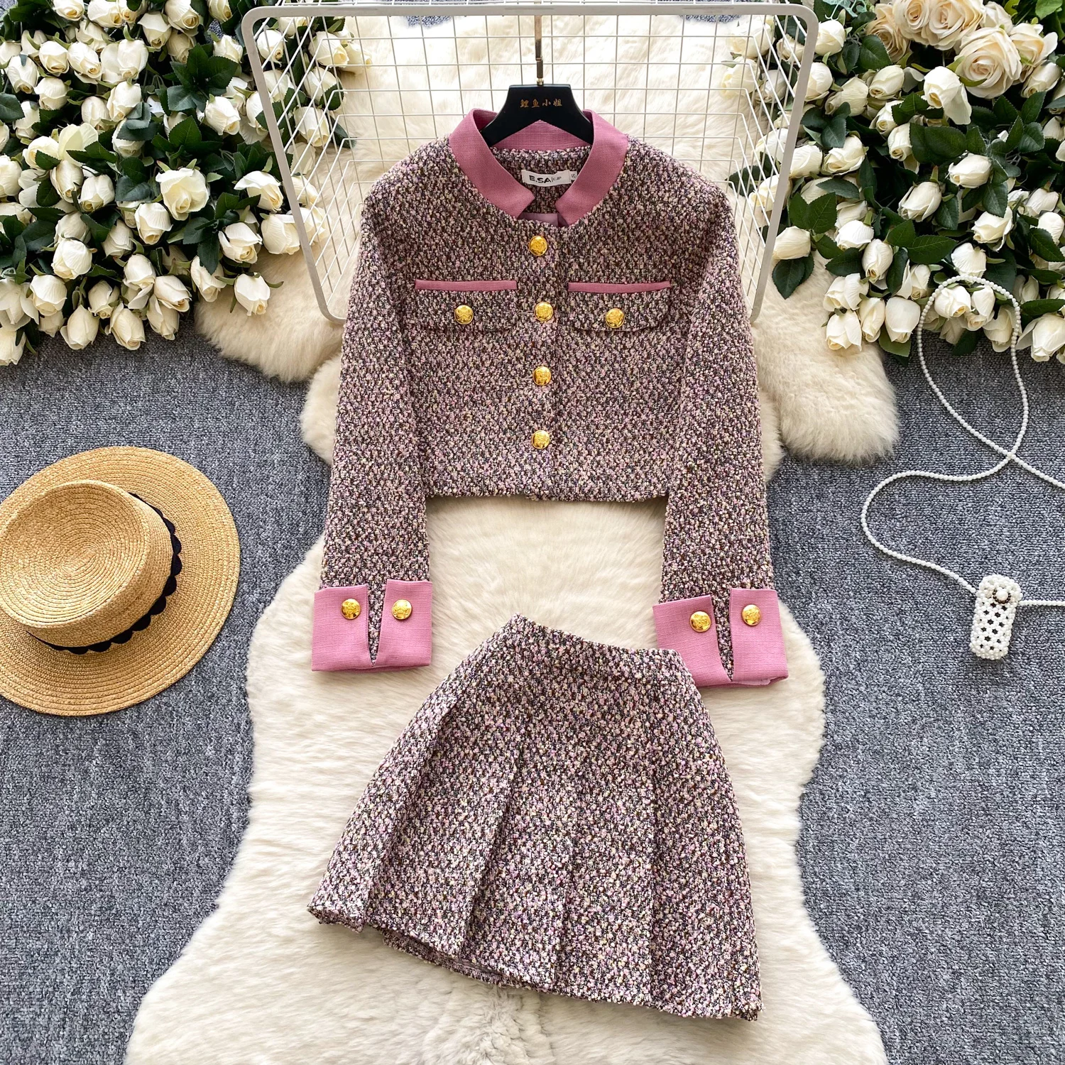 

Stunning Luxury Pink Lady Elegant 2 Piece Sets New Fall Winter Women 2pc Metal Buckle Short Jacket Coat&Pleated Mini Skirt Suits