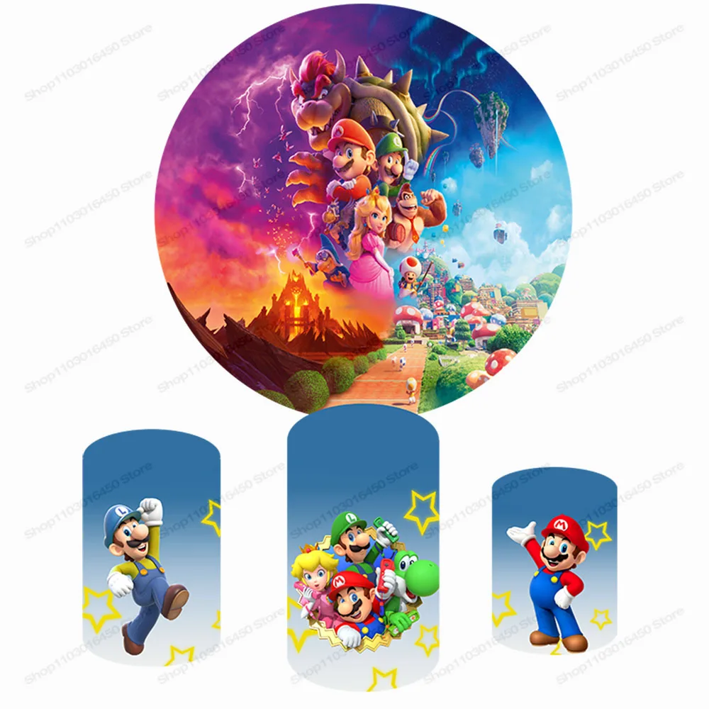 Super Mario Theme Round Backdrop Elastic Circle Baby Shower Game Cartoons Birthday Party Background Cylinder Decoration Props