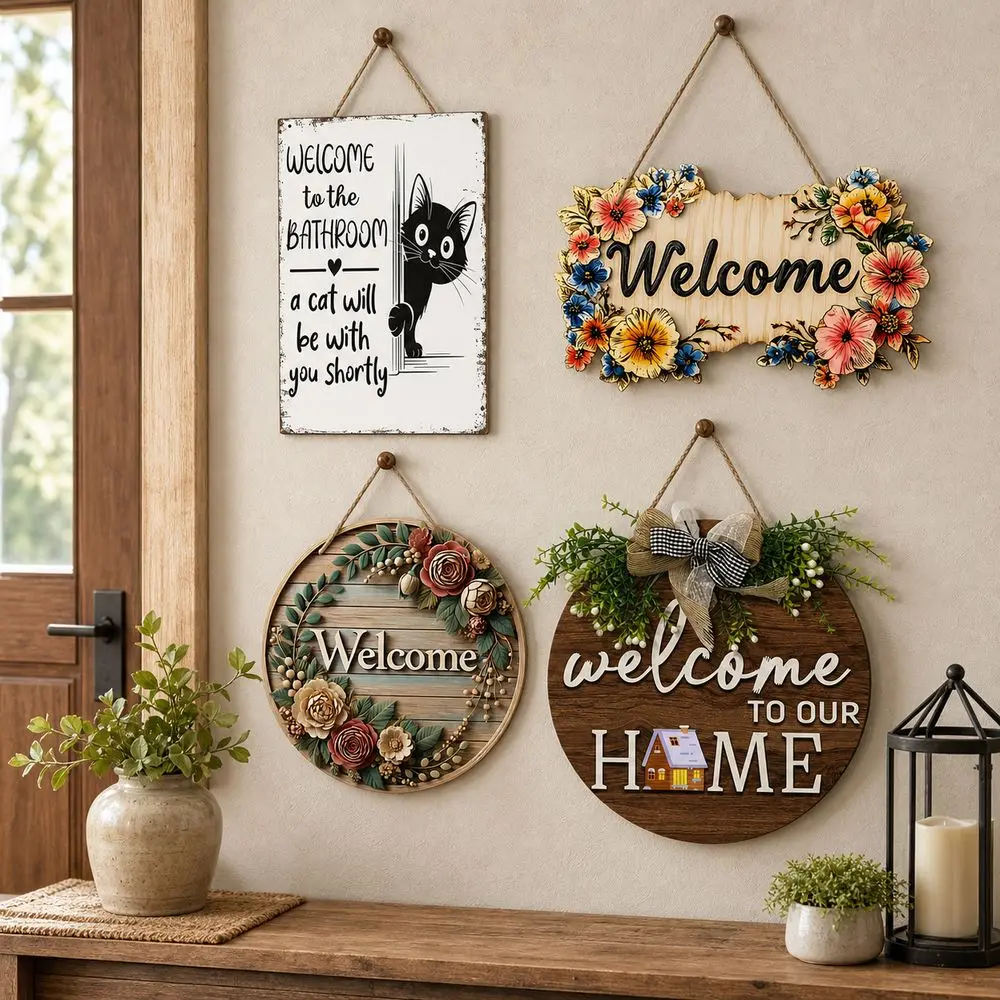 New 2D Flat 2D Round Welcome Sign Cat Print Retro Style Hanging Wooden Board Floral Print Warm Home Hanging Plaque Home Decor