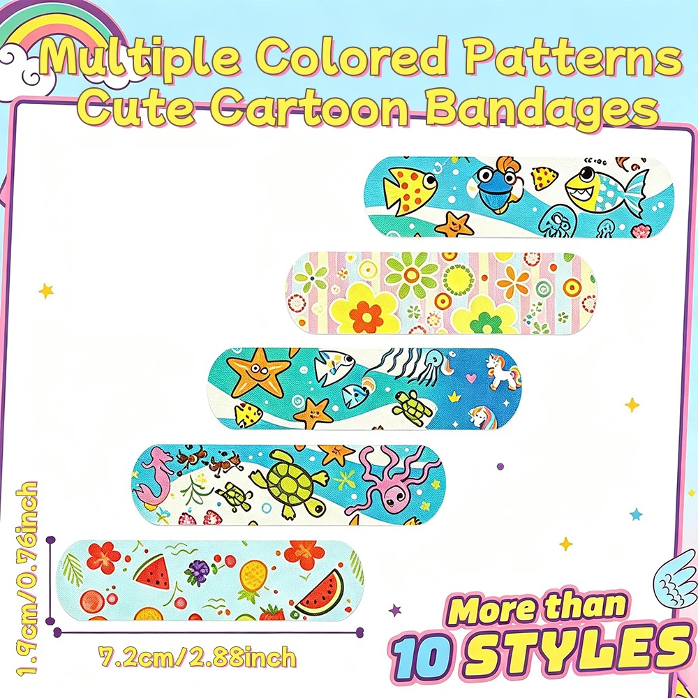 100/200pcs Cute Cartoon Wound Bandages Bulk Waterproof for Kids, Colorful Mixed Patterns, Breathable Adhesive Band Strips Daily