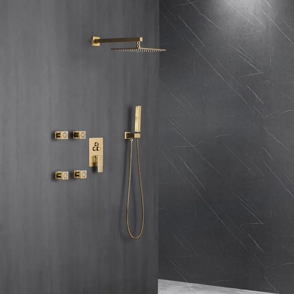 

Stylish Gold Hidden Shower Set: Rainfall Experience, Temperature Control, Durable Brass Construction, Wall Mount Sprayer GN149TB
