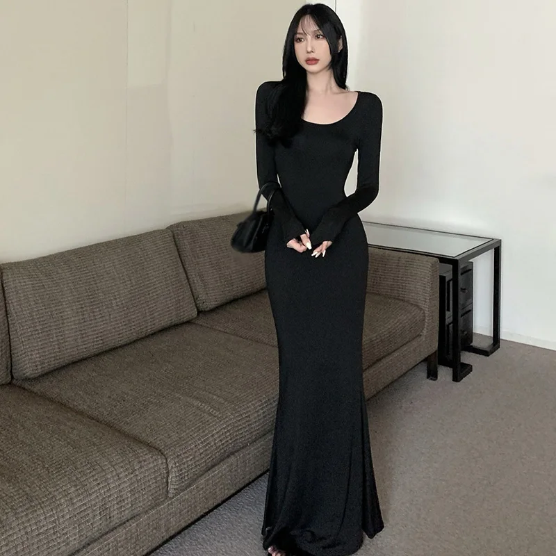 Leisure and Elegant Korean Spring and Autumn Solid Color Square Neck Slim Fit Sexy Casual Fishtail Wrap Hip Long Sleeve Dress