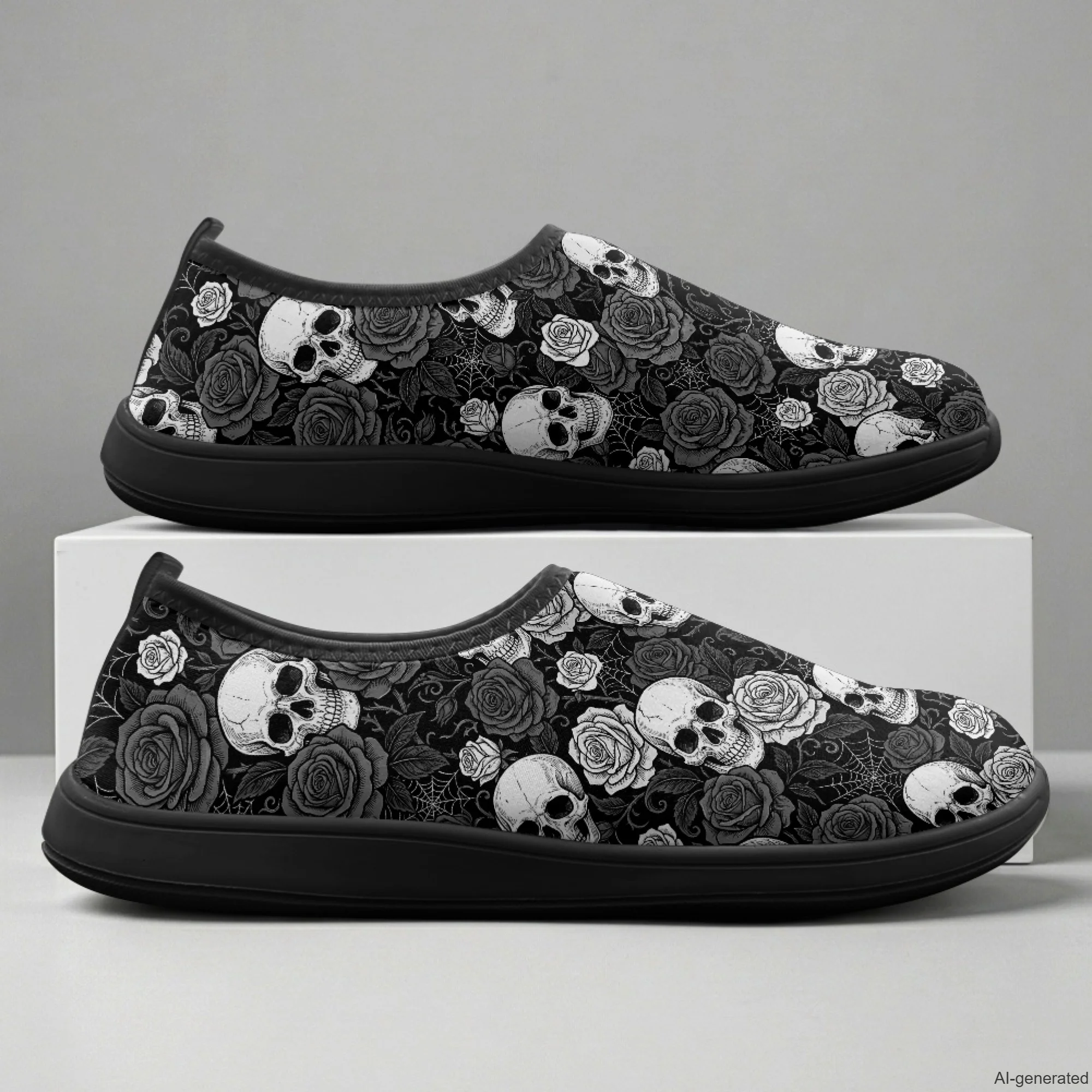 XIXIRIMIDO Black Sneakers Slip-on Wide-toed Shoes Female Sneakers Nursing Sneakers for Woman House Shoes Halloween Skull 36-46