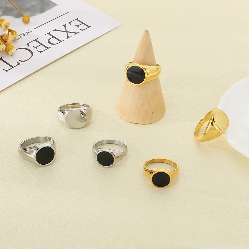 10pcs/lot Wholesale #6 - #12 Stainless Steel Oval Black Enamel Signet Ring