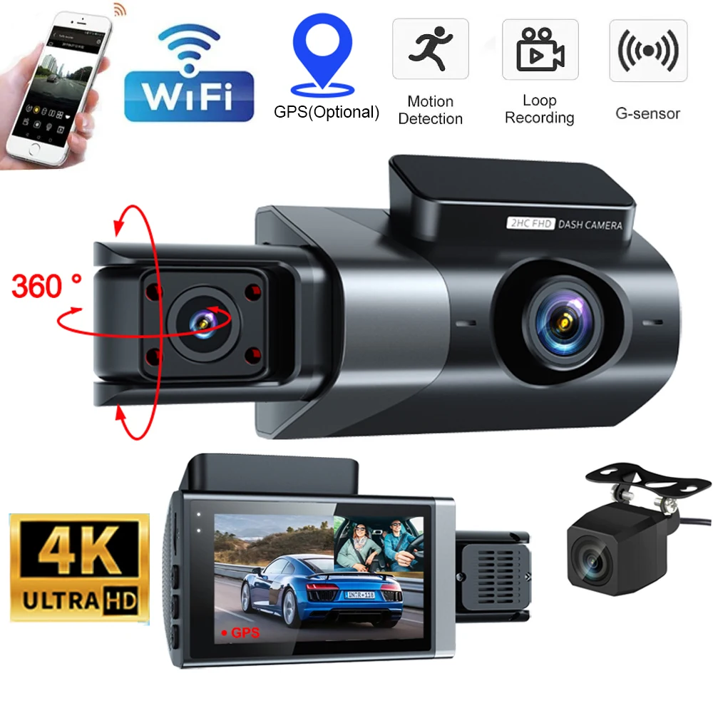 4K Dashcam 3 Channel Car DVR Front and Rear View Camera WIFI GPS Video Recorder Parking Monitor Night Version Dash Cam for Cars