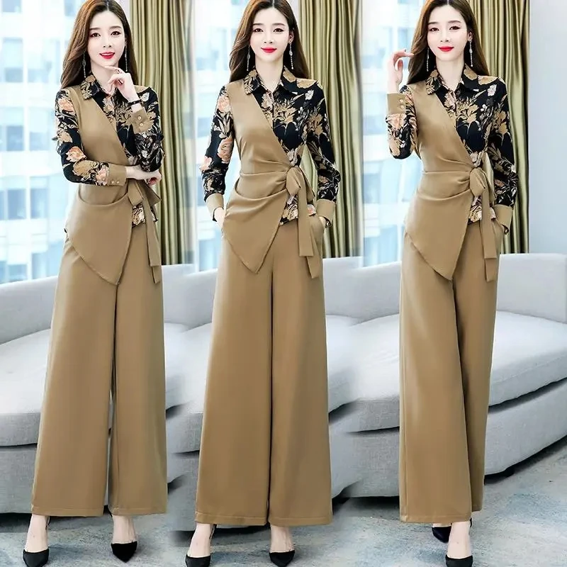 Belt Blazer Suit Female 2023 Spring Autumn Ladies Temperament Thin Wide-Leg Pants Two-Piece Suit Print Stitching Jacket Elegant