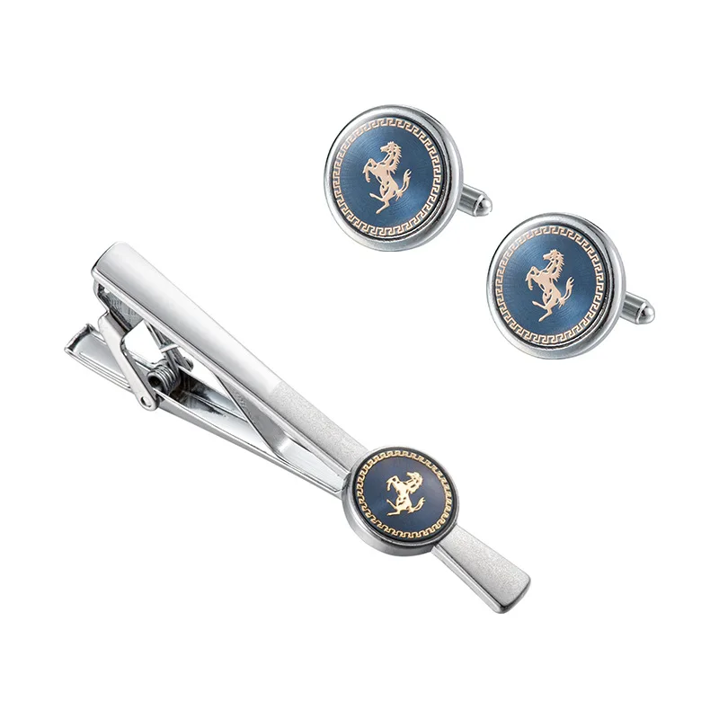 Luxury Cufflinks Tie Clip Set Man Shirt Cufflinks For Mens Wedding Guests Gift Blue Horse Men Cuffs Tie Clips Copper Wed Jewelry