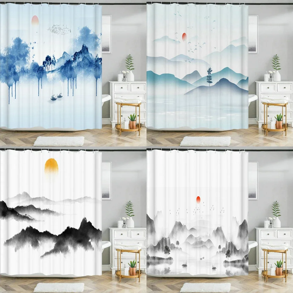 Chinese ink landscape style shower curtain scenic pattern Waterproof Fabric bath curtain washable Bathroom curtains Multi Size