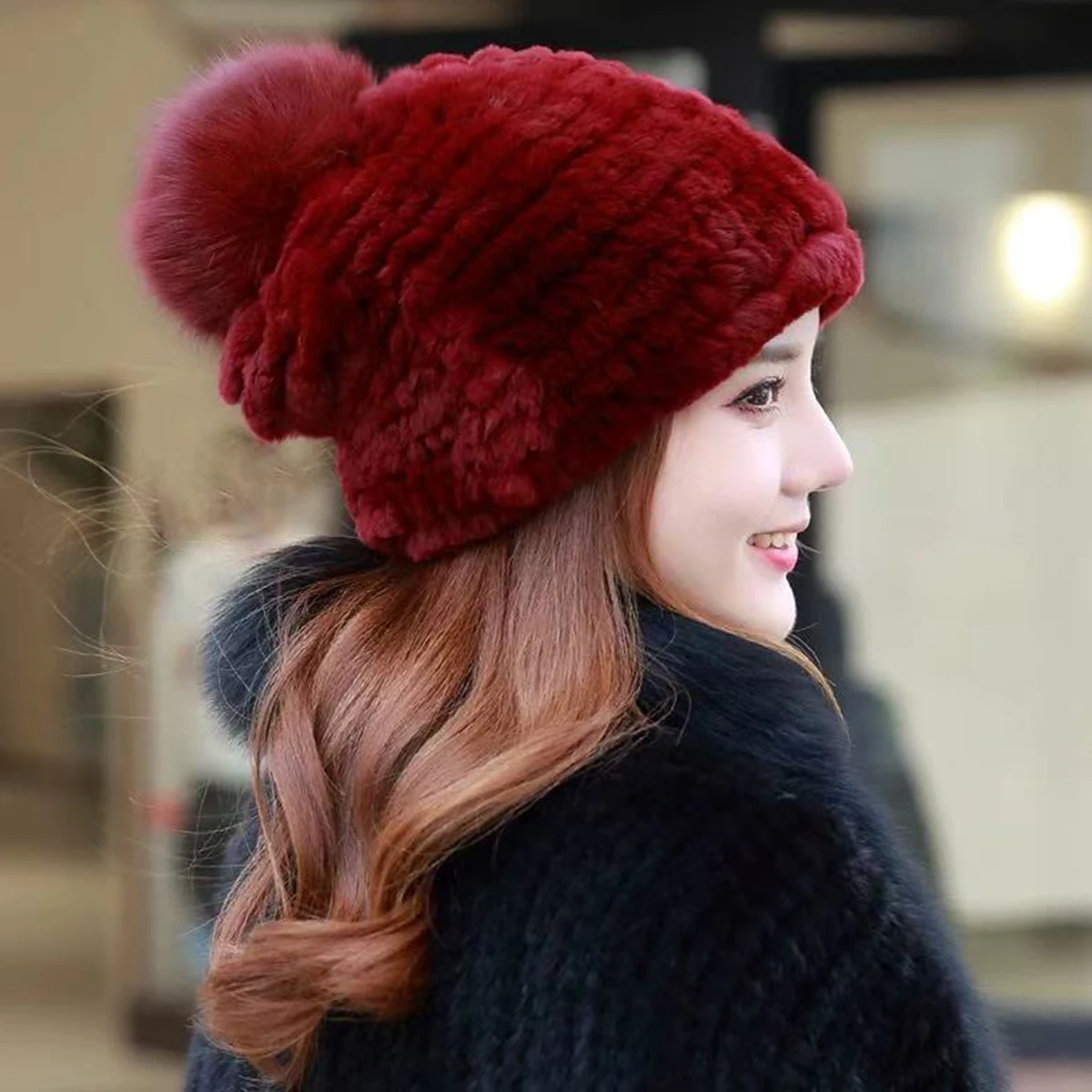 

FEIMANYUAN New Winter Real Rabbit Fur Hat New Winter Style Warm Beanie Large Head Hat Women Natural Fox Fur Ball For Women