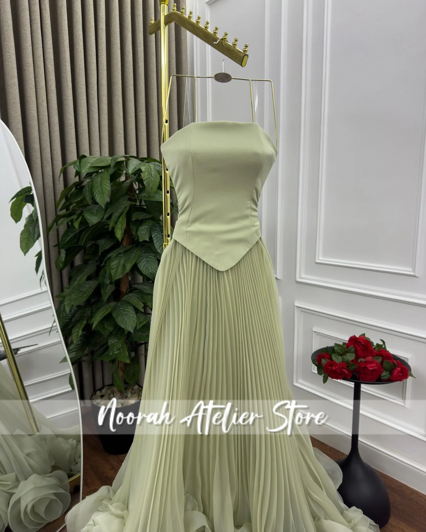 Sage สีเขียว Strapless ดูไบพิเศษ Tulle รถไฟชุดราตรี 2025 ชุดแต่งงานพรหมชุด FBساتة อย่างเป็นทางการชุดที่กําหนดเอง
