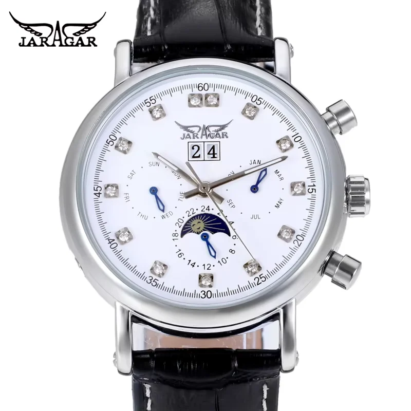 JARAGAR alloy mechanical watch Crystal scale mechanical watch Calendar week Round belt Wrist watch Men's and women's watches
