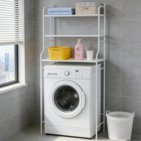 Wit stalen rek met drie planken boven een wasmachine in de badkamer