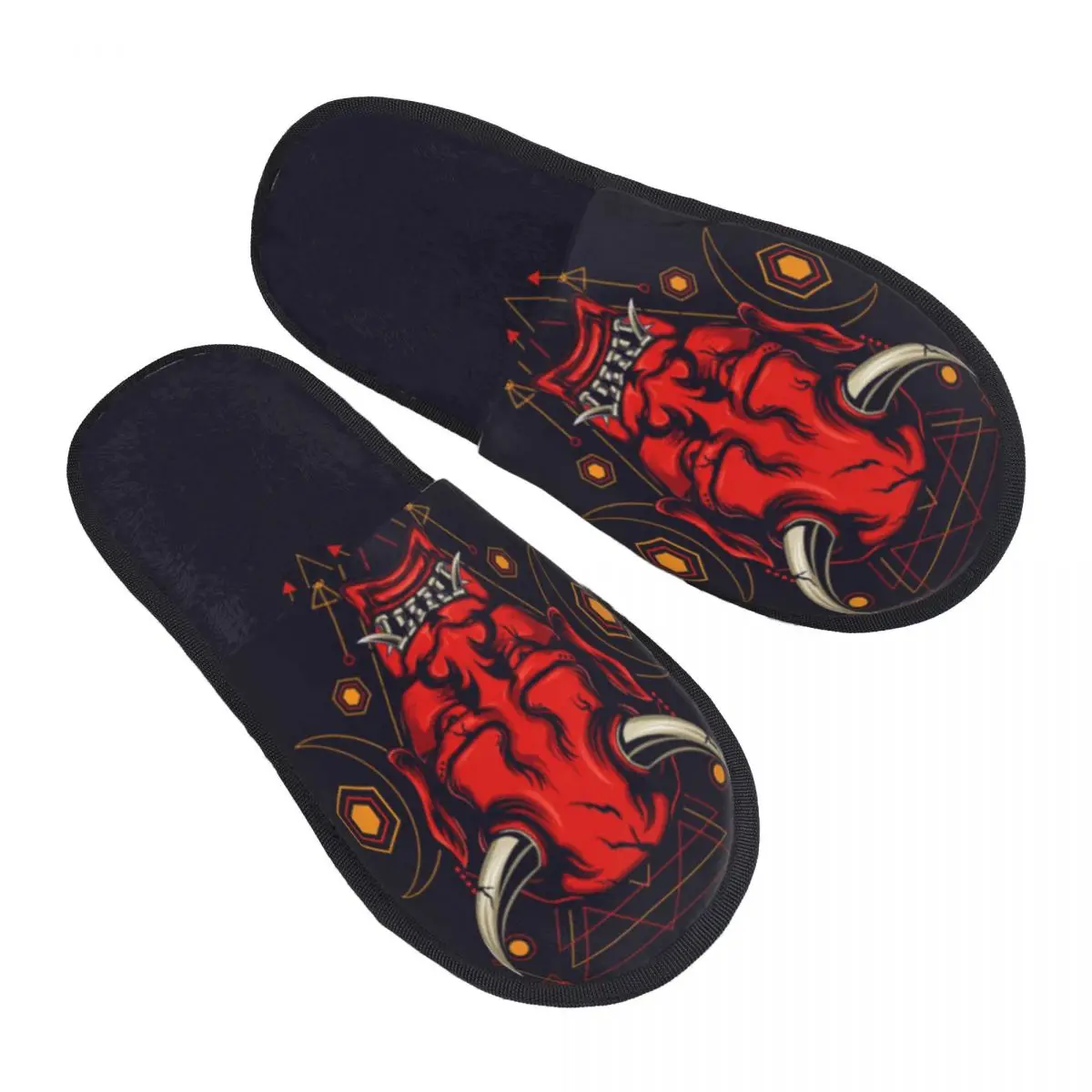 Winter Warm Women Men Plush Flat Indoor Slippers Devil Mask With Geometry Furry Home Non-slip Shoes