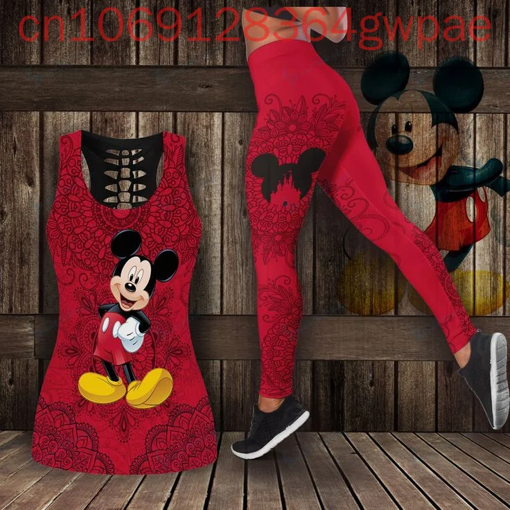 

Новый женский полый майка с Микки Маусом Disney Y2k, комплект для йоги, летние леггинсы для фитнеса, спортивный костюм, майка с вырезом, комплект леггинсов