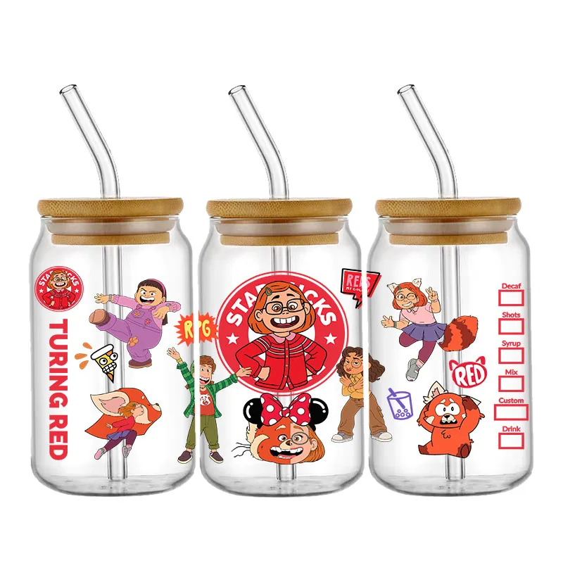 Autocollants de transfert de gobelet à bière, Disney Turning Red, 16oz UV DTF Cup Round, Cartoon étiez bey, Imperméable, Adhésif en continu