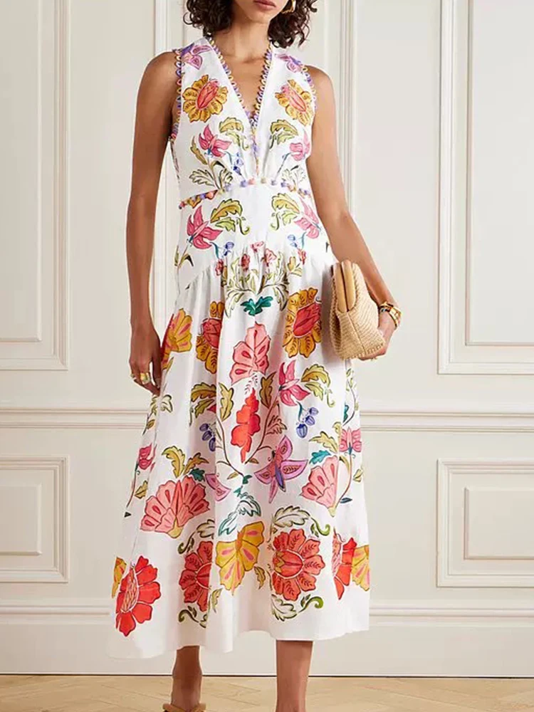 

Модное и Элегантное летнее женское платье с V-образным вырезом, без рукавов, трапециевидной формы, длинная юбка с высокой талией и широкой юбкой в стиле ретро