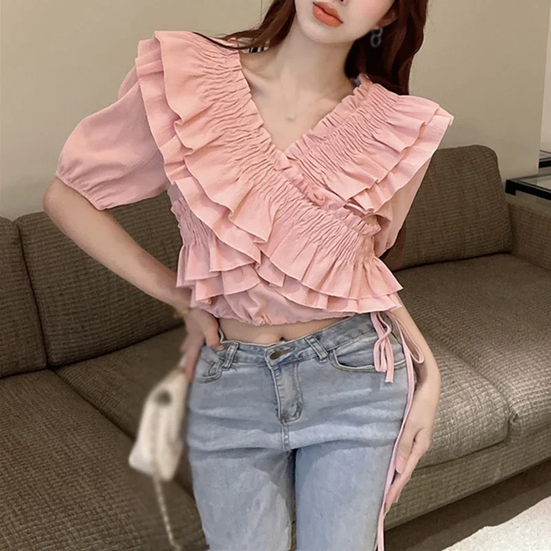 2024 Women's tops Women's T-shirts Sweet Strap design Short sleeves Ruffle edge