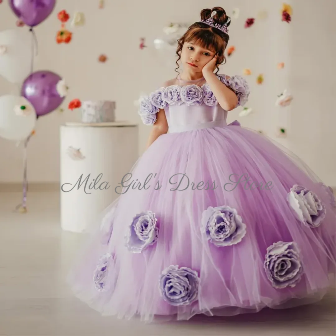 3D Floral Purple Flower Girl Dresses Off Shoulder Ball Gown First Communion Dress Photo Shoot Tulle Princess Party Customized