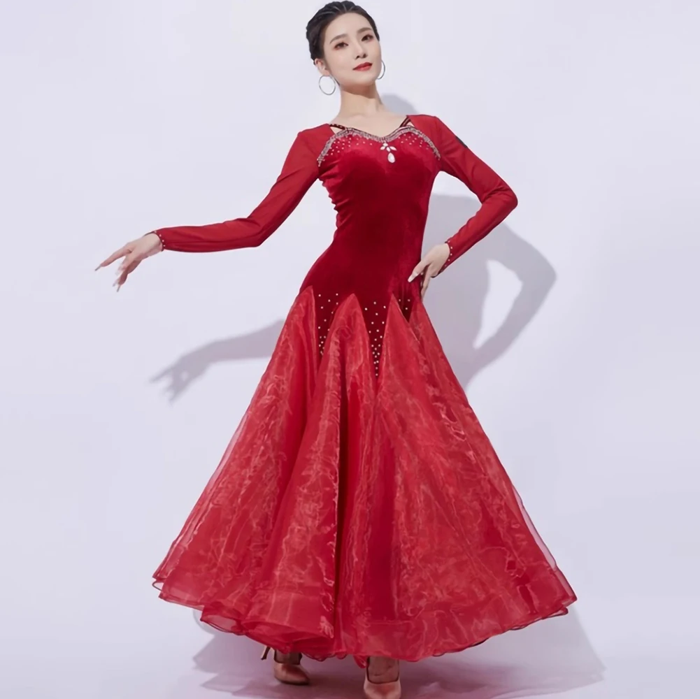 Novo estilo vestido valsa padrão vestido de baile manga longa vestido de dança feminino vinho vermelho preto desempenho