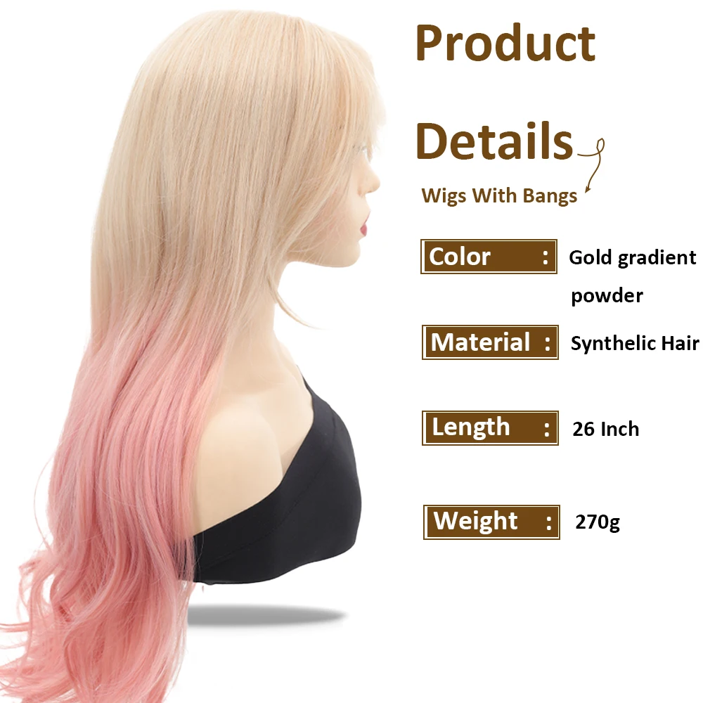 Gradient  Long Layered Wigs for Women Synthetic Curly Wig with Bangs Natural Look Middle Part Wigs with Pink Roots for Daily USE