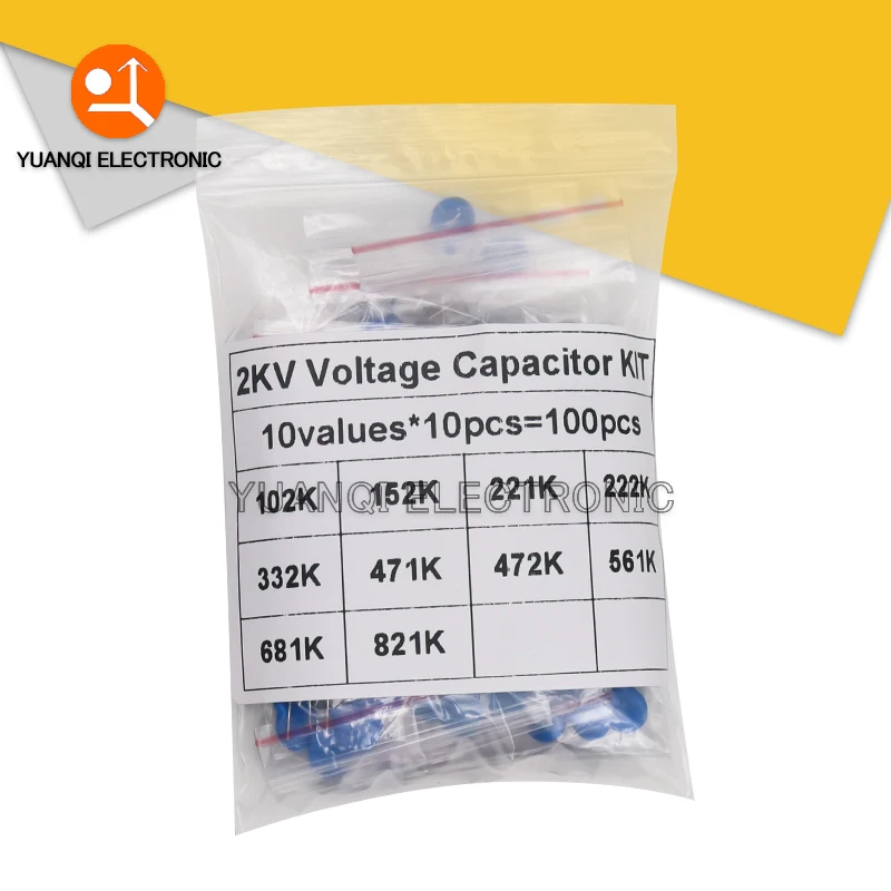 100pcs 2KV High Voltage Ceramic Capacitor Assortment Kit 2000V 220PF 470PF 560PF 680PF 820PF 1NF 1.5NF 2.2NF 3.3NF 4.7NF DIY