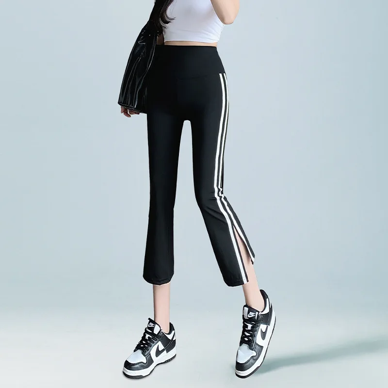 

-Border Женские расклешенные брюки белой акулы, летний тонкий стиль, миниатюрные восьмиточечные брюки с высокой талией и разрезом, слегка расклешенные длинные