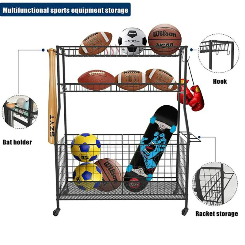 Heavy Duty Black Metal Sports Ball Equipment Storage Cage Basketball Football Storage Ball Sports Rack