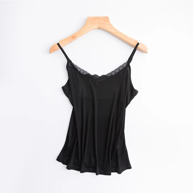 New Summer 100%  Natural Mulberry Silk High Quality Cool Camisole Female V-Neck Sexy And Comfortable Sleeveless Lace Tank Tops