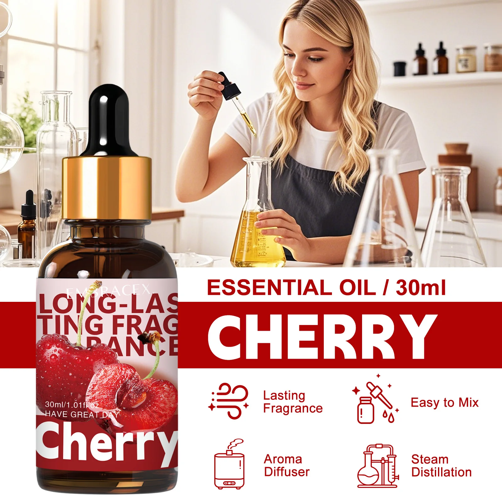 30ml Cherry Fragrance Oils Fruit Fragrance Car Air Freshener Oil DIY Projects, Candle Making, Long Lasting Scent Gift To Friends