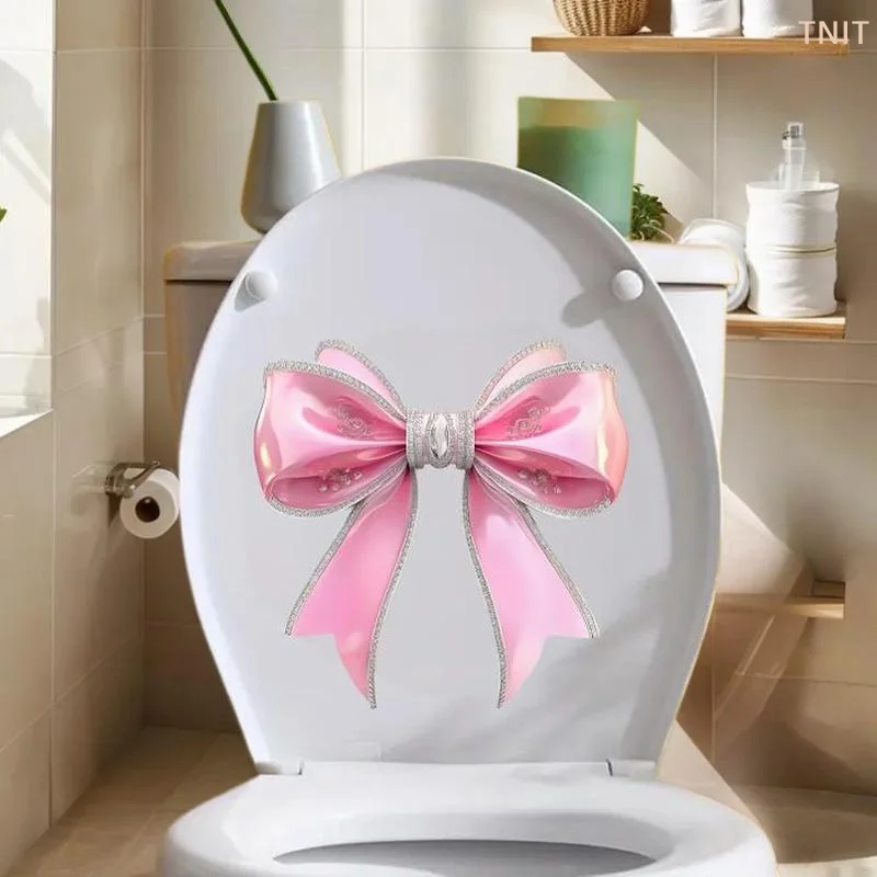 [J] Pink Bowknot Toilet Sticker Glow Luminous Toilet Seat Cover Sticker Waterproof Self-Adhesive Decal Wall Stickers Home Decor
