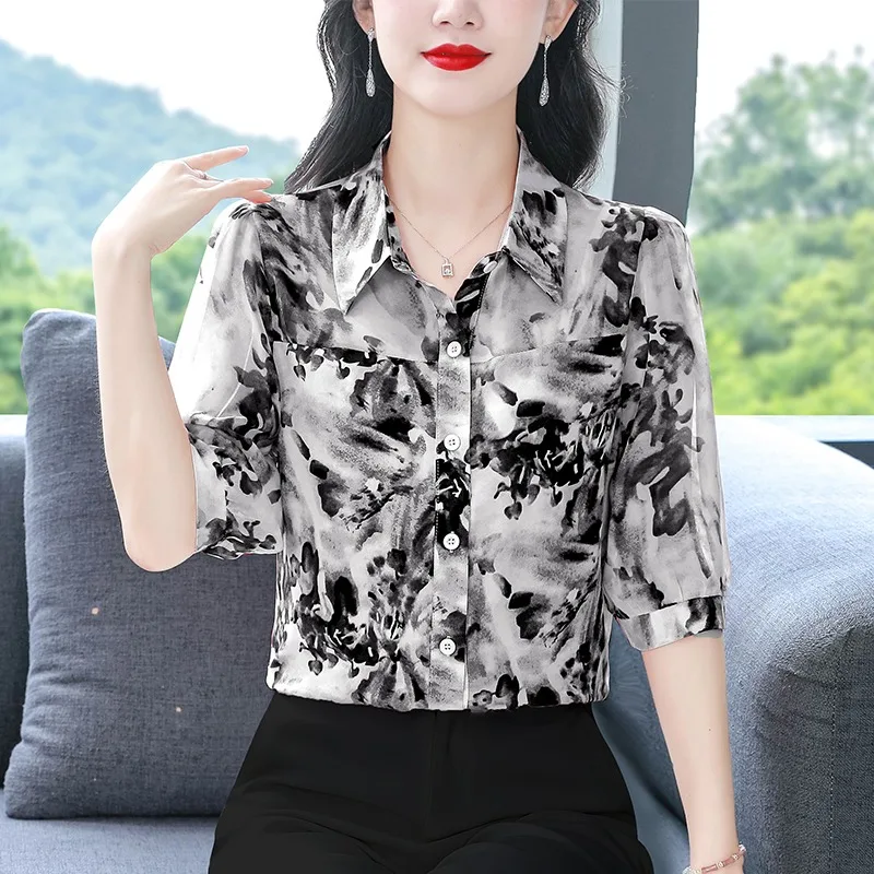 Vintage damesblouses bedrukte vintage shirts mode losse zomerkleding chiffon damestops met korte mouwen