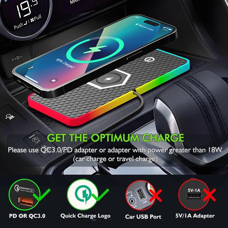 Car Wireless Charger Pad Base LED RGB USB Fast Charging Station Anti Slip Silicone Padfor iPhone 16 15 Pro Max Airpods Pro 2 New