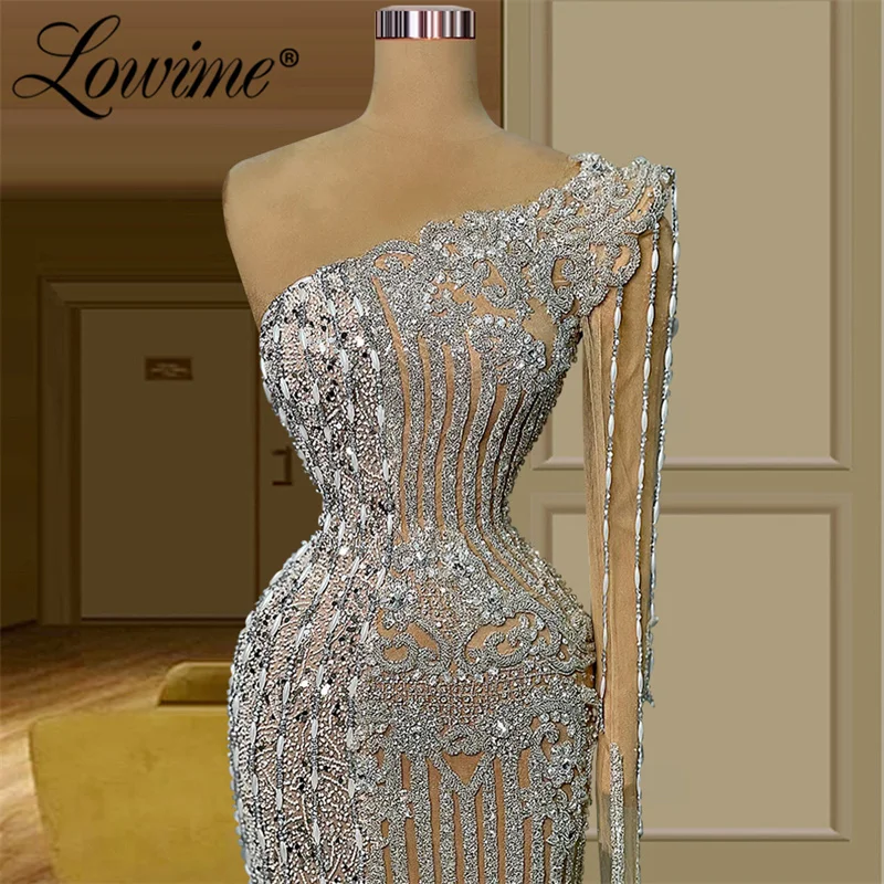 Lowime champanhe muçulmano formal vestidos de noite robe um ombro frisado cristais longo vestido de festa de casamento dubai árabe mais tamanho