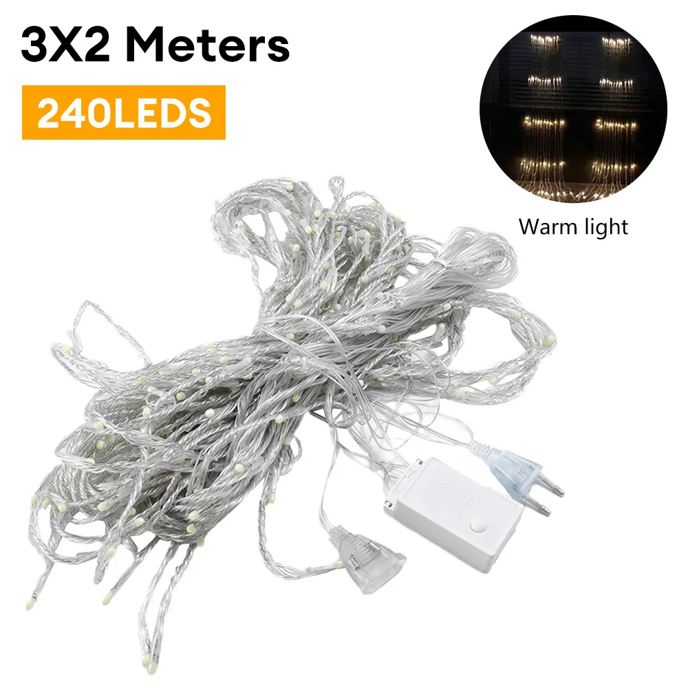 AC 220V LED Running Strip Lights Curtain Decorative Lights Backdrop Lights Warm LED String Lights 3*2m For Party Wedding EU Plug