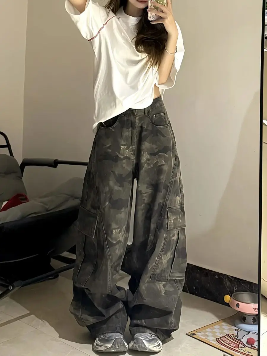 Camouflage Tooling Wide-leg Jeans Women's Versatile Loose High-waisted Scimitar Straight-leg Pants American Retro