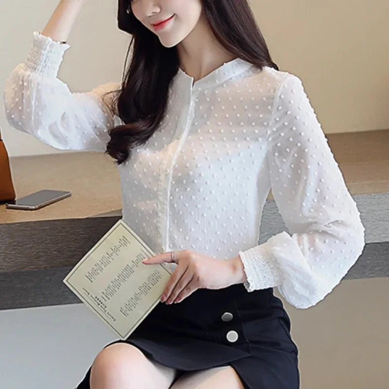 2024 Fashion Sweet  Wave Point Long Sleeve Women Shirt Autumn Casual White Blouses Office Lady Elegant Tops