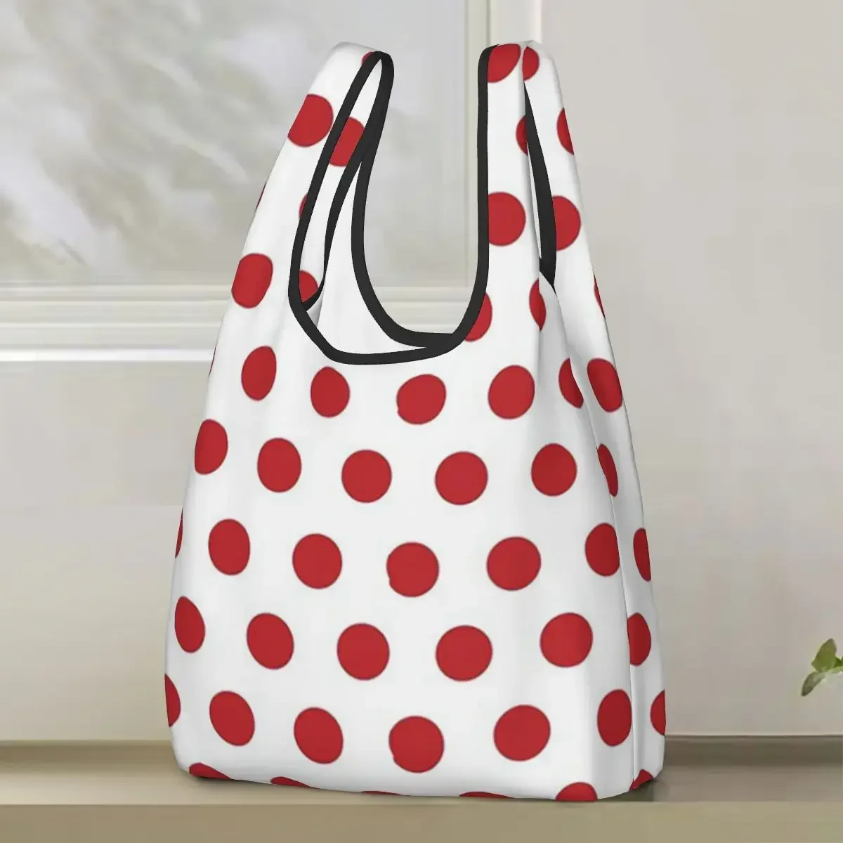Red Polka Dot On White Shopping Bag Portable Tote Bags Foldable Shoulder Shopper Bag Grocery Handbag