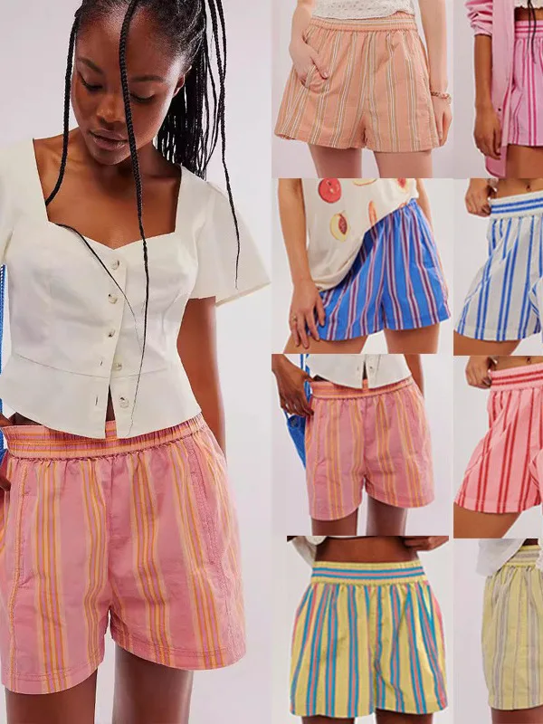 Casual Printed Stripe Elastic Waist Shorts Women's Straight Leg Pants Comfortable Polyester Fiber Summer Fashion Shorts
