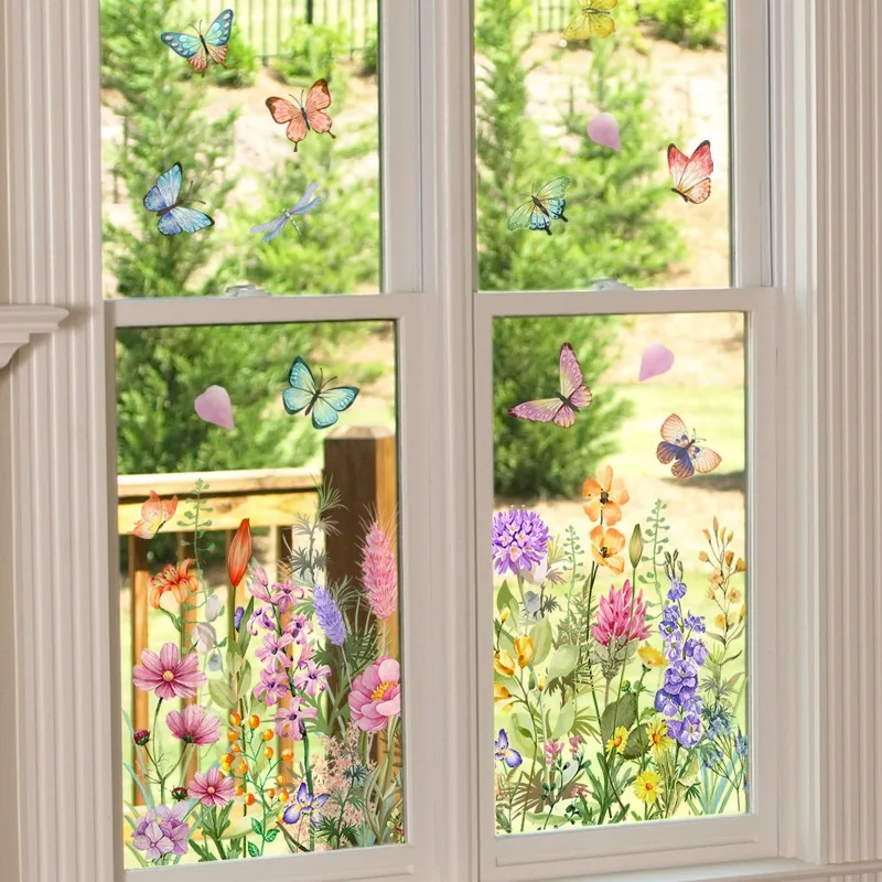 Spring Window Stickers Flower Butterfly Static Glass Stickers Decorative Painted Flower Decal Kids Room Sun Catcher Wallpaper view 4