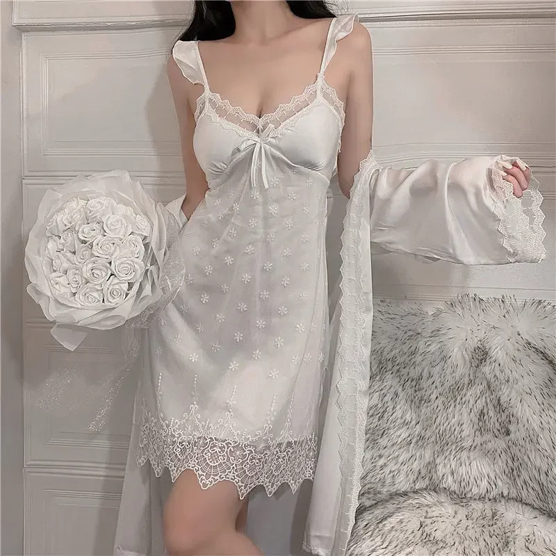 2024 Summer Ladies Lace Sexy Pajamas Breast Cushion Famale Sleepwear Two-piece Set Slip Nightdress Ice Silk Thin Homewear Suit