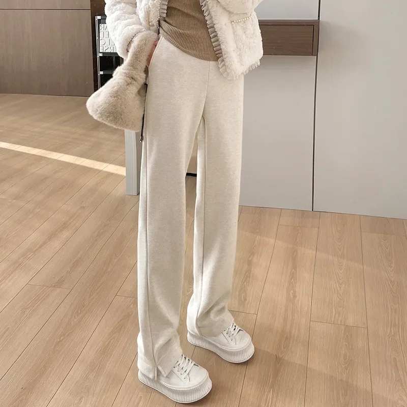 

Women's Fleece-Lined Wool Blend Wide-Leg Pants, High-Waisted Herringbone Trousers for Petite, Thick & Straight Leg
