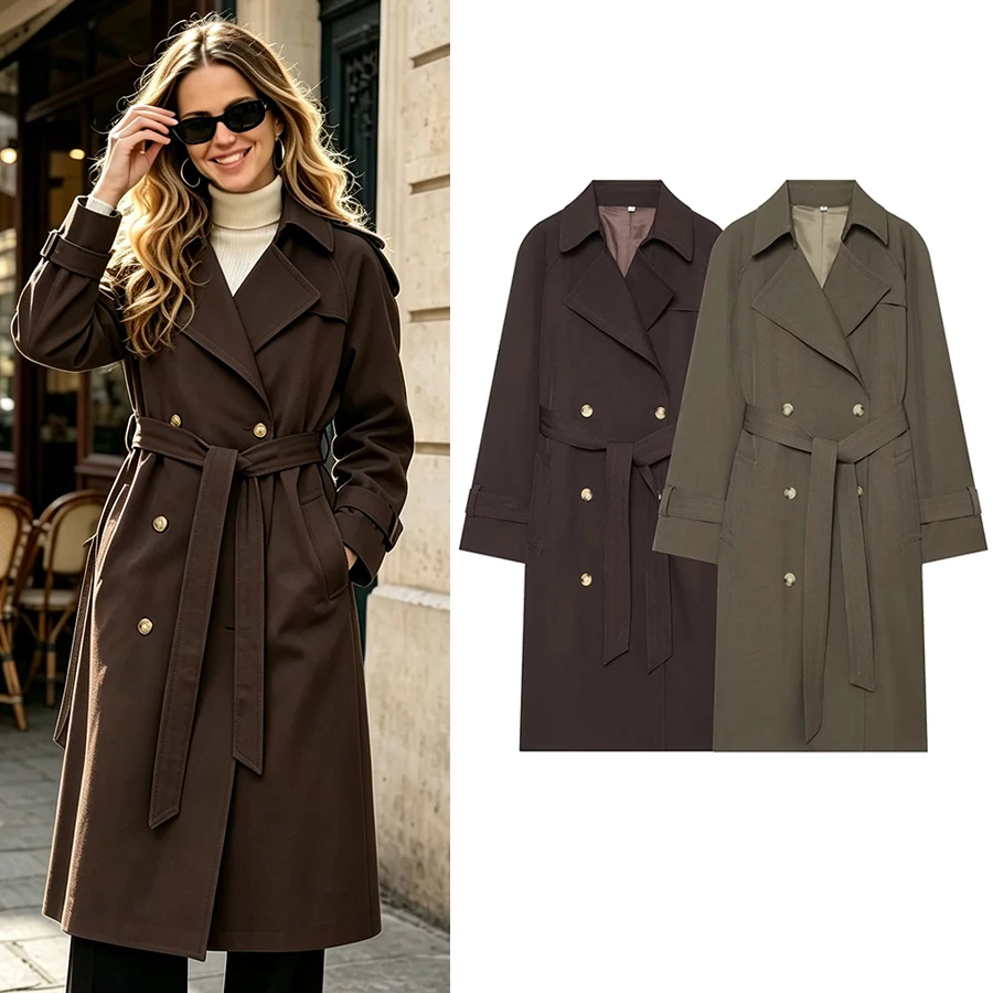 Women Fashion Lapel Double-breasted Pocket Belt Decoration Windbreaker Female Autumn Winter Solid Casual Loose Long Lady Coat