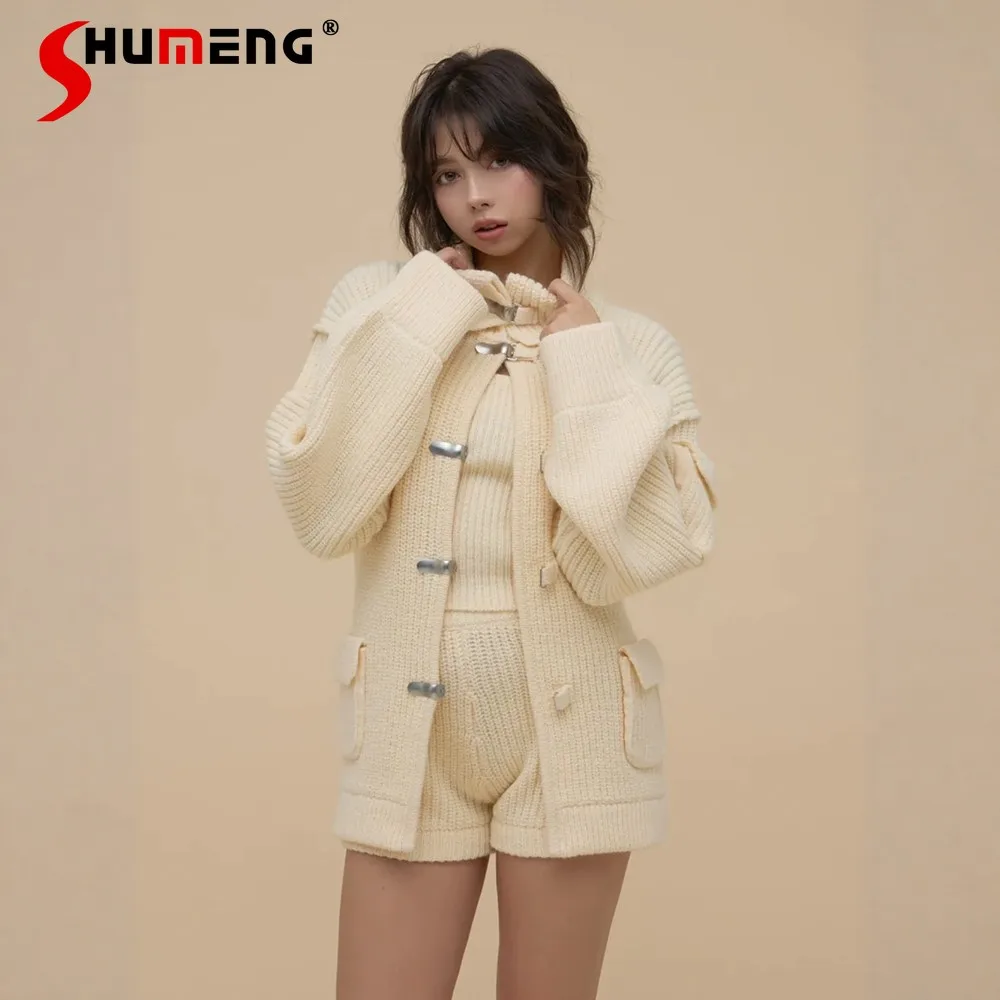 

2026 Spring New Japan Style Sweet Knitted Fashion Outfit Girl's Women Slim Fit Knitted Cardigan Jacket Vest Shorts 3-Piece Set